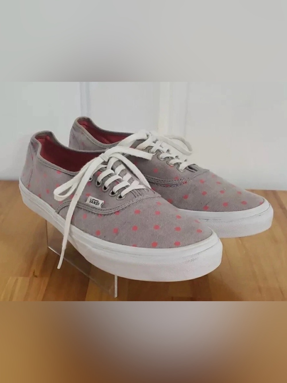 Vans Gray Canvas Sneakers with Pink Polka Dots
